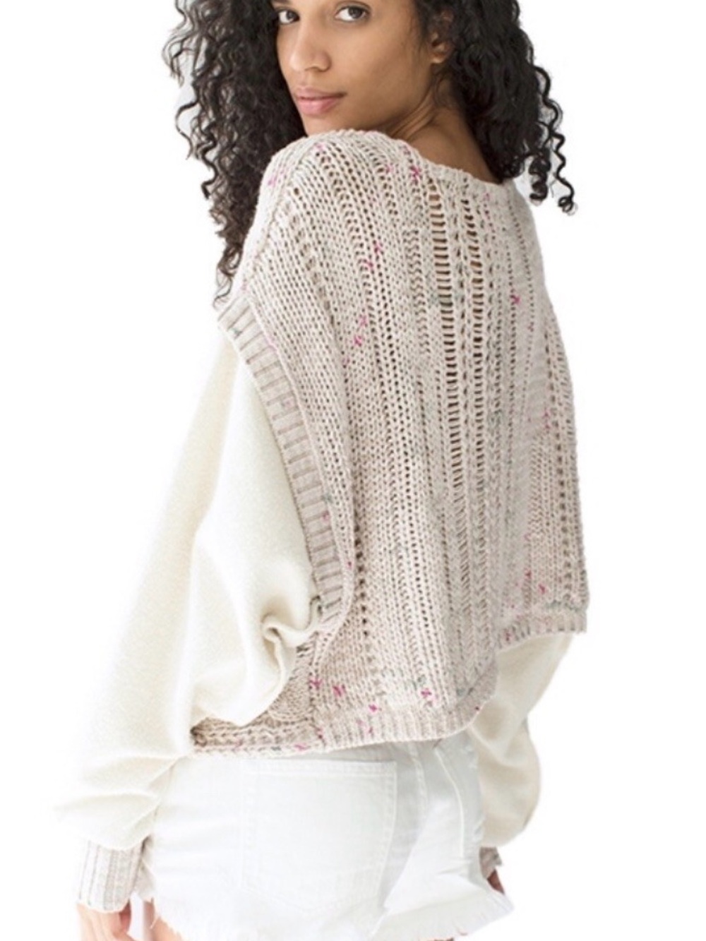 Free People Cream-Pink Speckled oversized cropped sweater sweatshirt med
